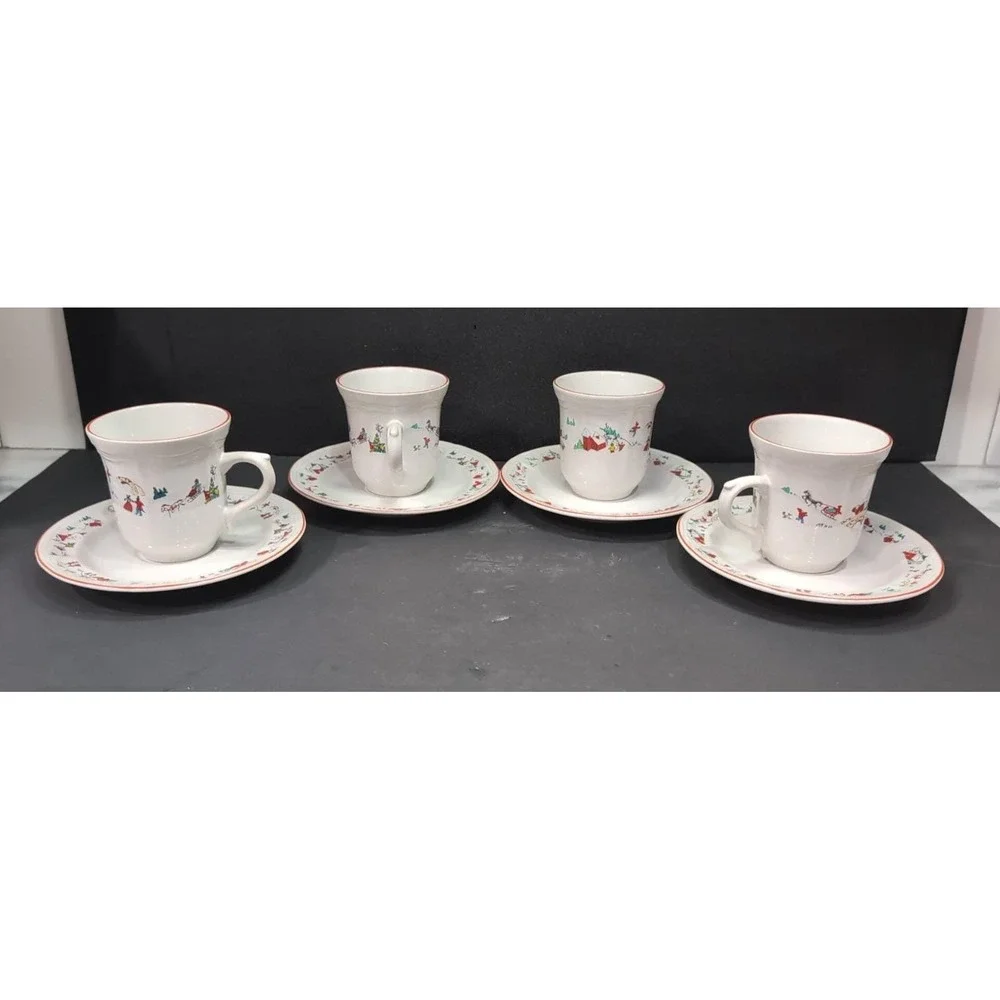 Farberware Babanovsky White Christmas Tea Cup & Saucers, 8 Piece‎ Vintage Set
